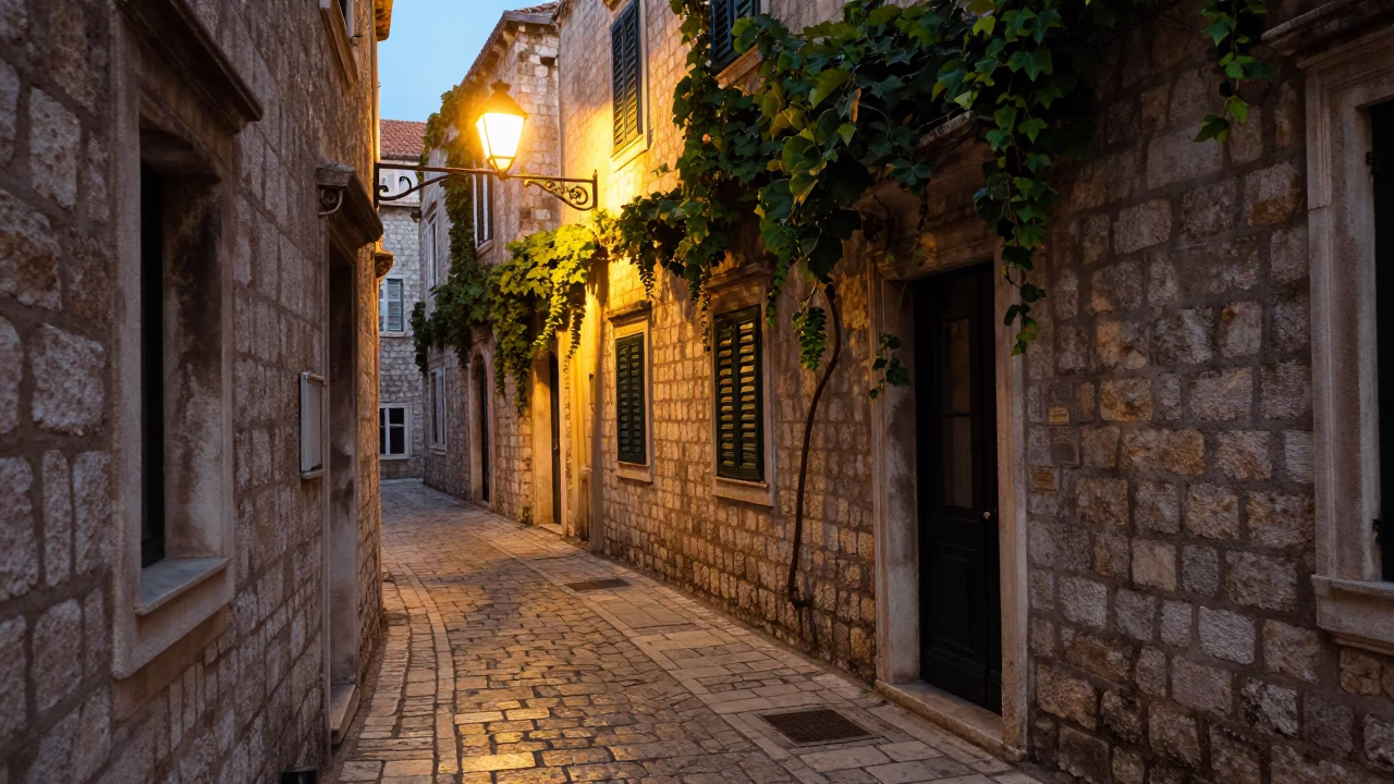 Stone Alley in Dubrovnik at Deep In The Night Light in in Dubrovnik, Croatia