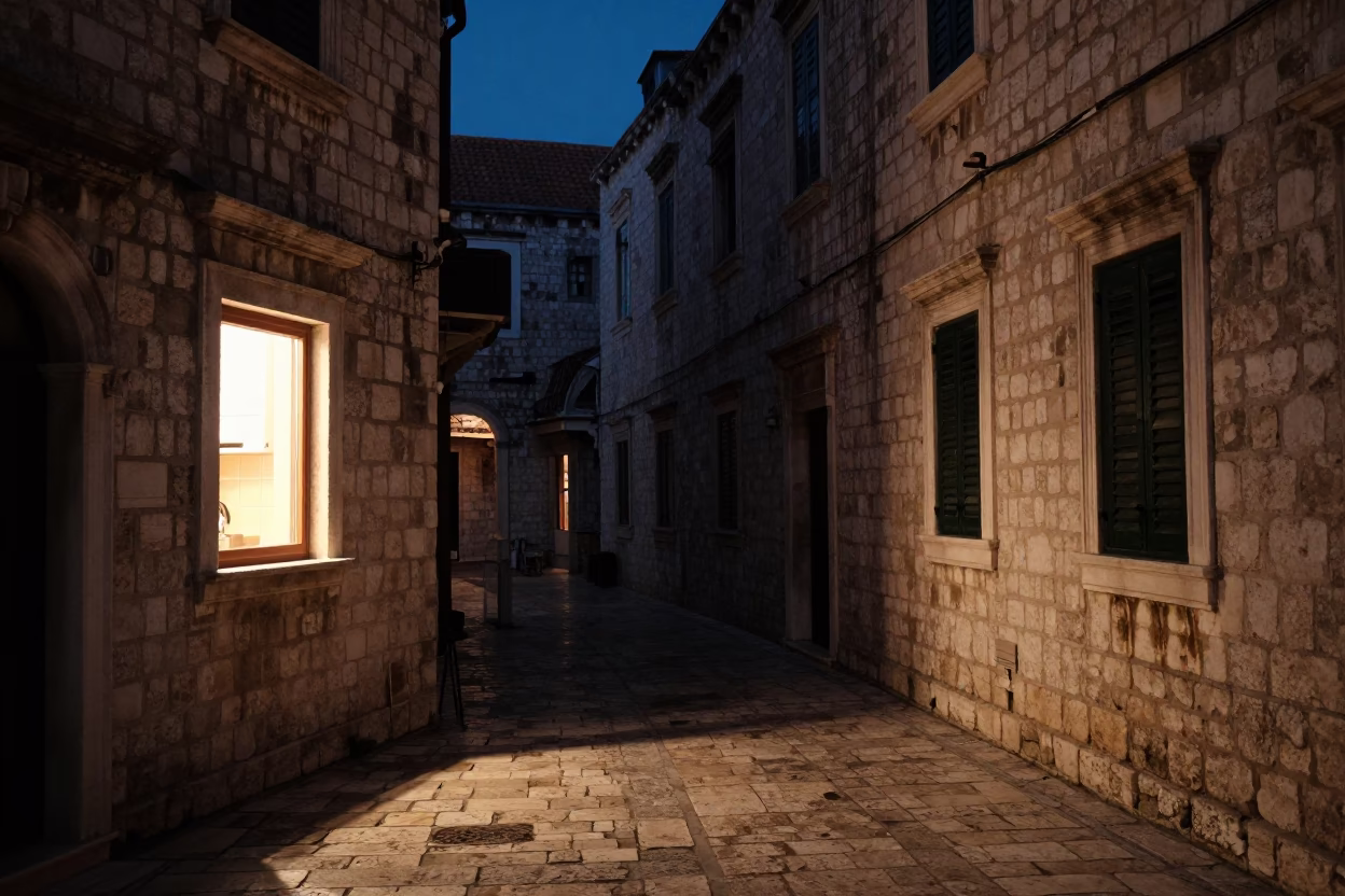 Stone Alley in Dubrovnik at Late At Night Light in in Dubrovnik, Croatia