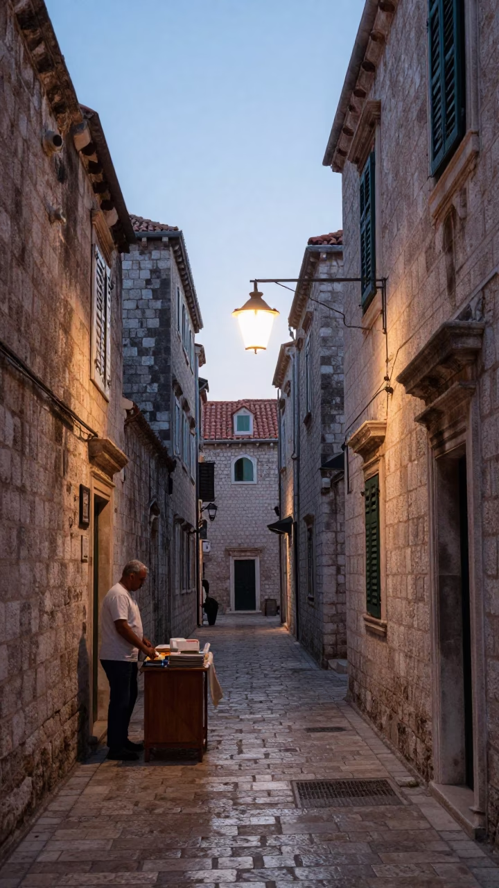 Stone Alley in Dubrovnik at Nautical Dawn Light in in Dubrovnik, Croatia