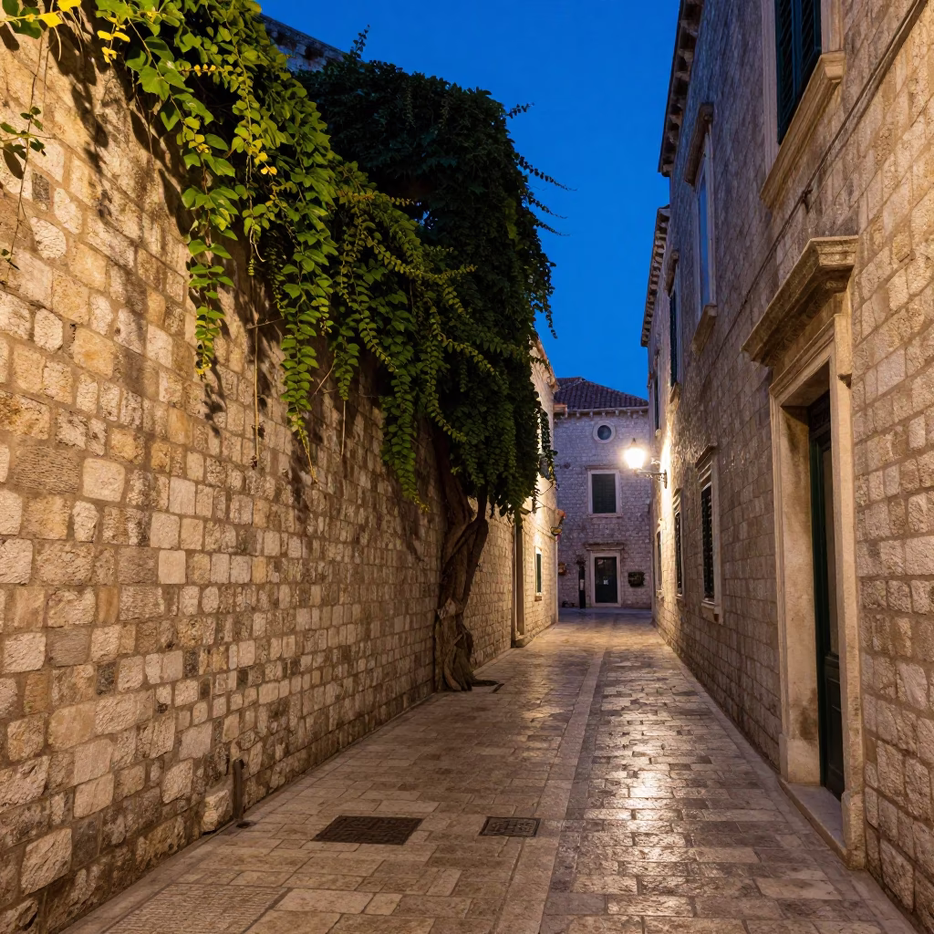 Stone Alley in Dubrovnik at The Last Blue Light Of Evening in in Dubrovnik, Croatia