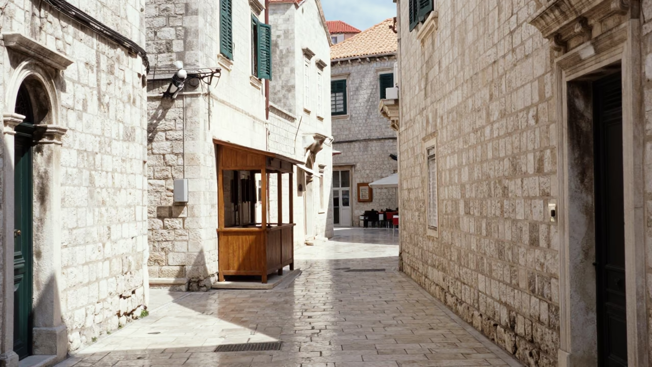 Stone Alleyway at Bright Midmorning Light in Dubrovnik in in Dubrovnik, Croatia