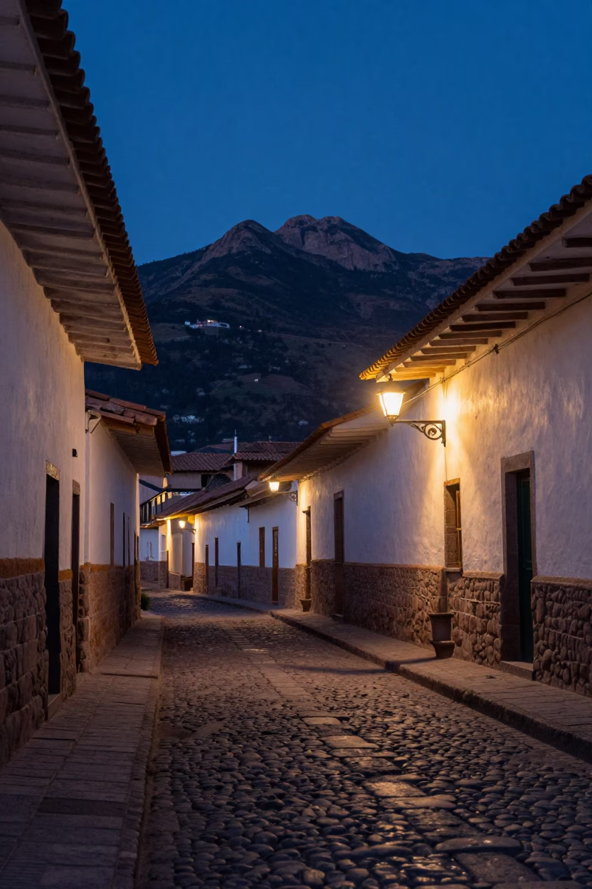 Stone Alleyway in Cusco at Nautical Dawn Light in in Cusco, Peru