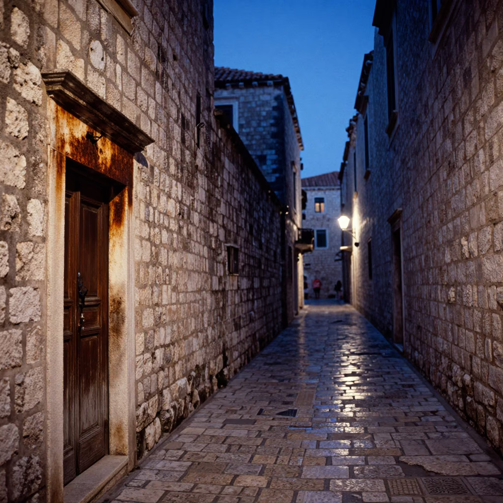 Stone Alleyway in Dubrovnik at Blue Hour in in Dubrovnik, Croatia