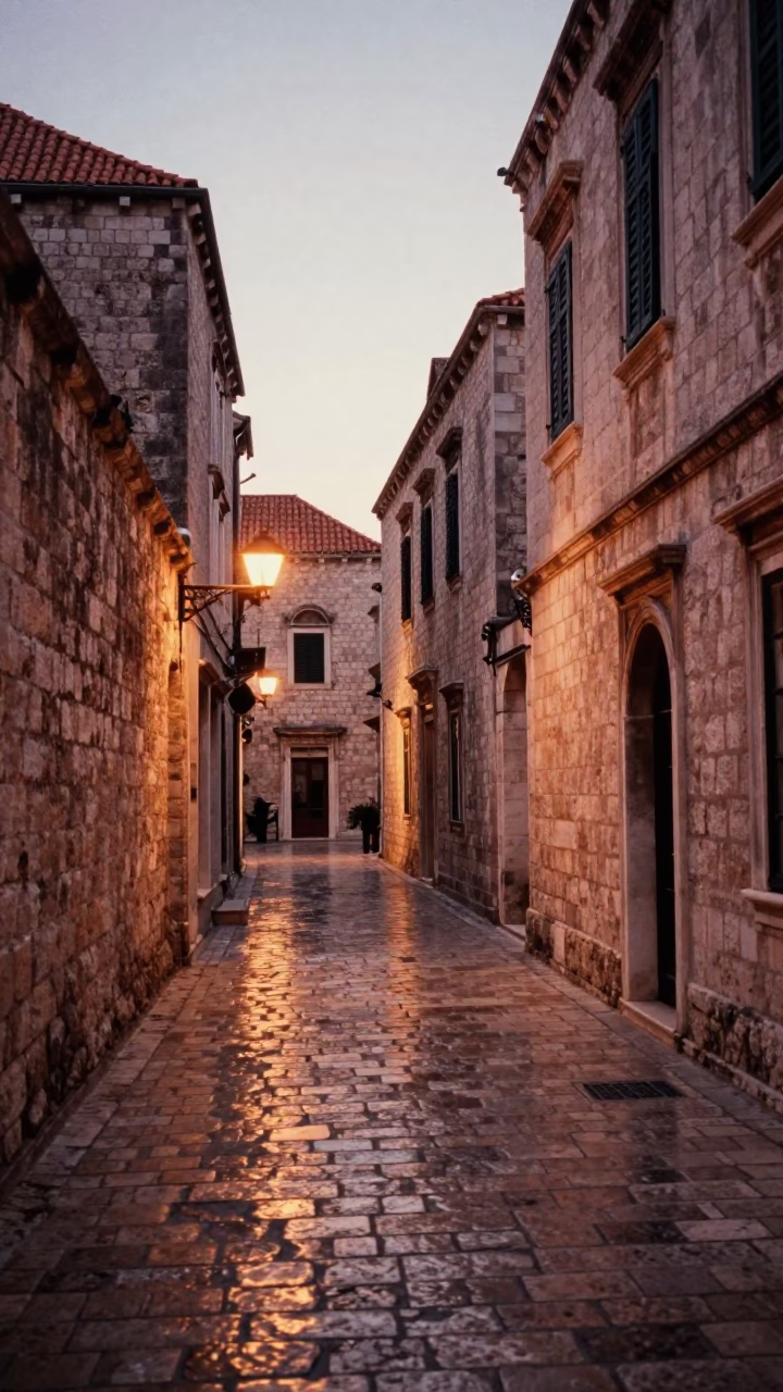Stone Alleyway in Dubrovnik at Copper-toned Light Before Dusk in in Dubrovnik, Croatia