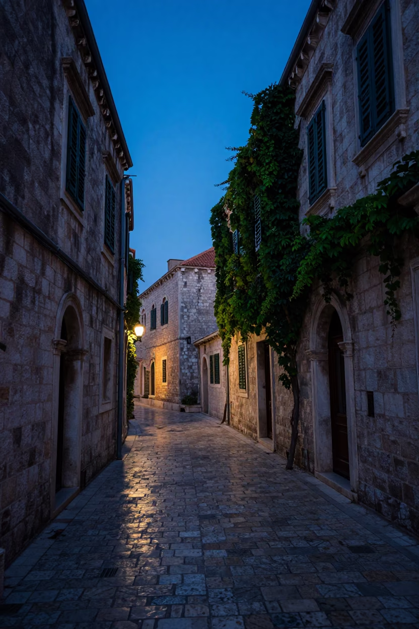 Stone Alleyway in Dubrovnik at The Still Hours Before Dawn Light in in Dubrovnik, Croatia