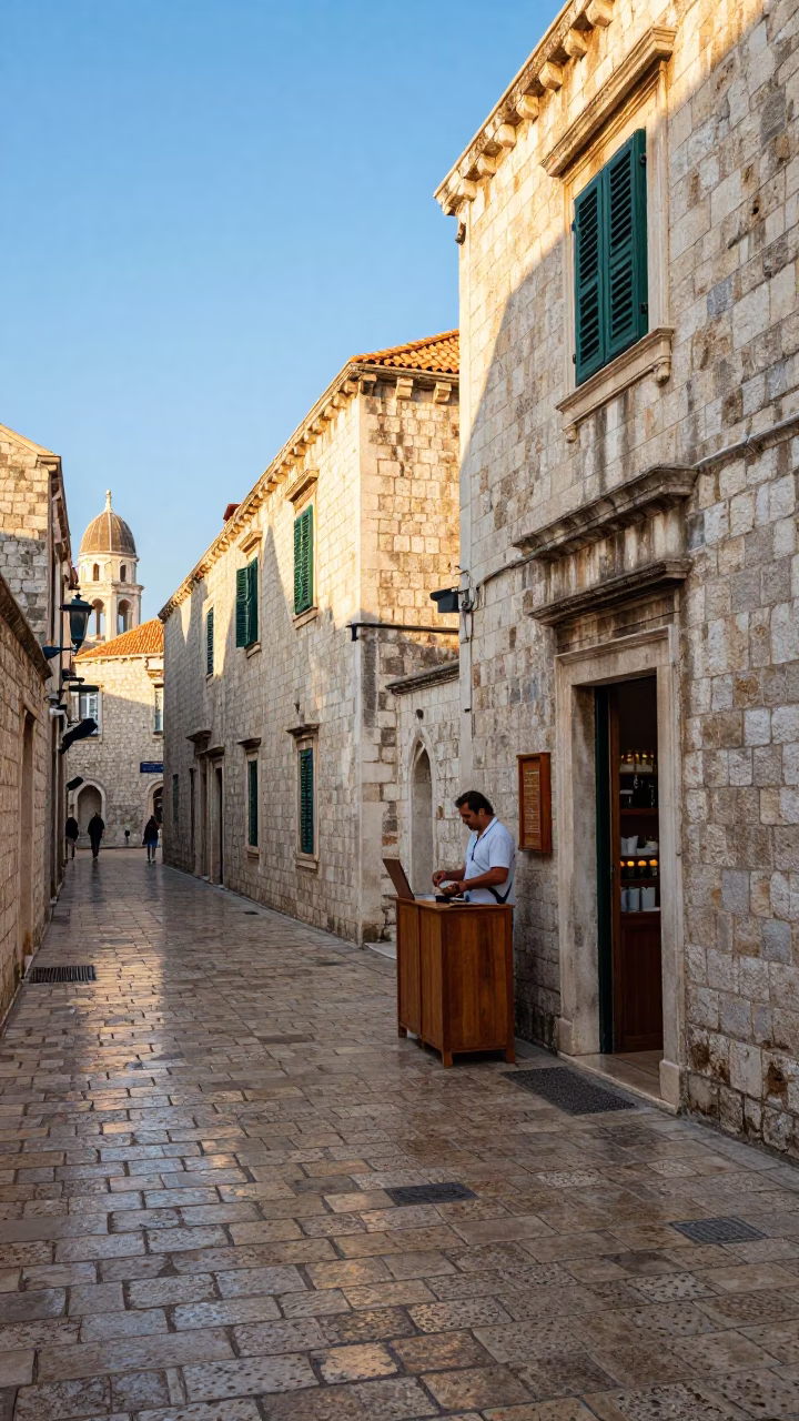 Stone Alleyway just after sunrise in Dubrovnik in in Dubrovnik, Croatia