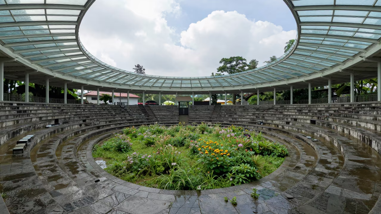 Stone Amphitheater Overgrown with Wildflowers in Glass Arcade in inside a glass-roofed arcade in Bandung