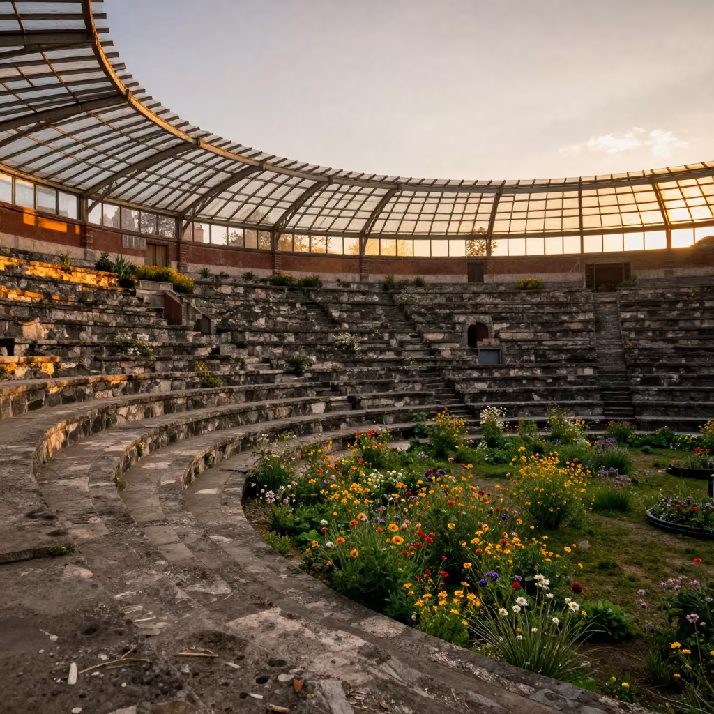 Stone Amphitheater Wildflowers Huaraz Glass Arcade in inside a glass-roofed arcade in Huaraz