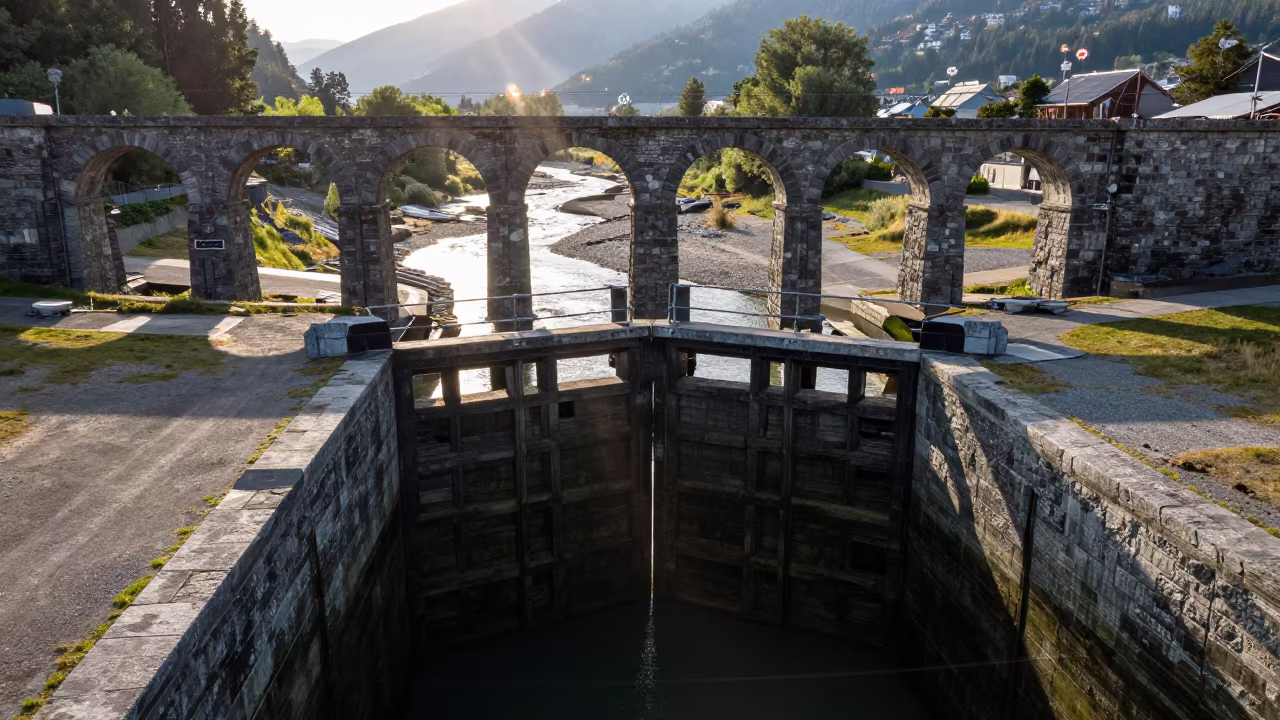 Stone Aqueduct Over Dry Valley at Dusk in British Columbia in at a canal lock chamber in British Columbia
