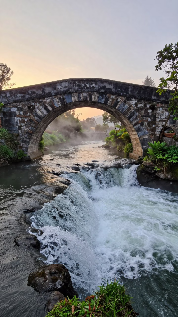 Stone Arch Bridge Over Misty Waterfall Pool in Peru in in Peru