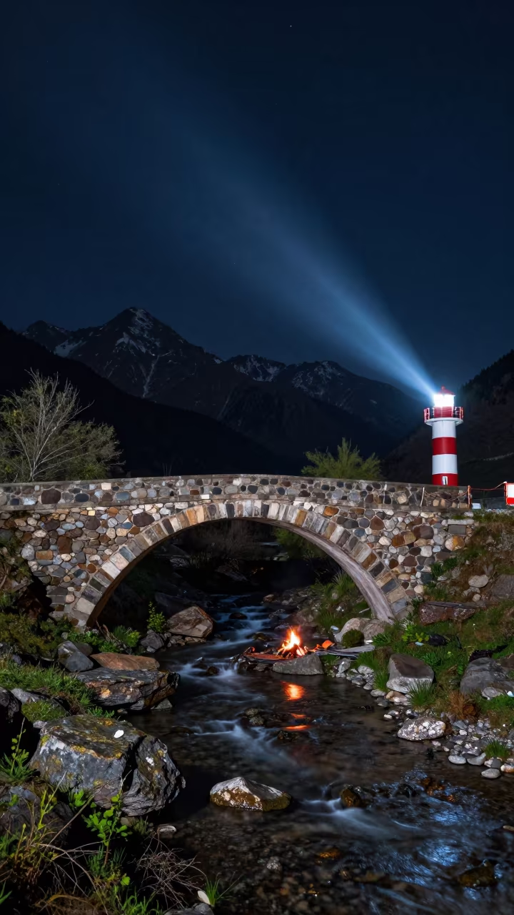 Stone Arch Bridge Moonlit Stream Almaty Night in beneath a dark-sky overlook near Almaty