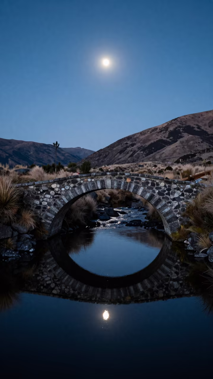 Stone Arch Bridge Over Moonlit Stream at Twilight in in Ecuador