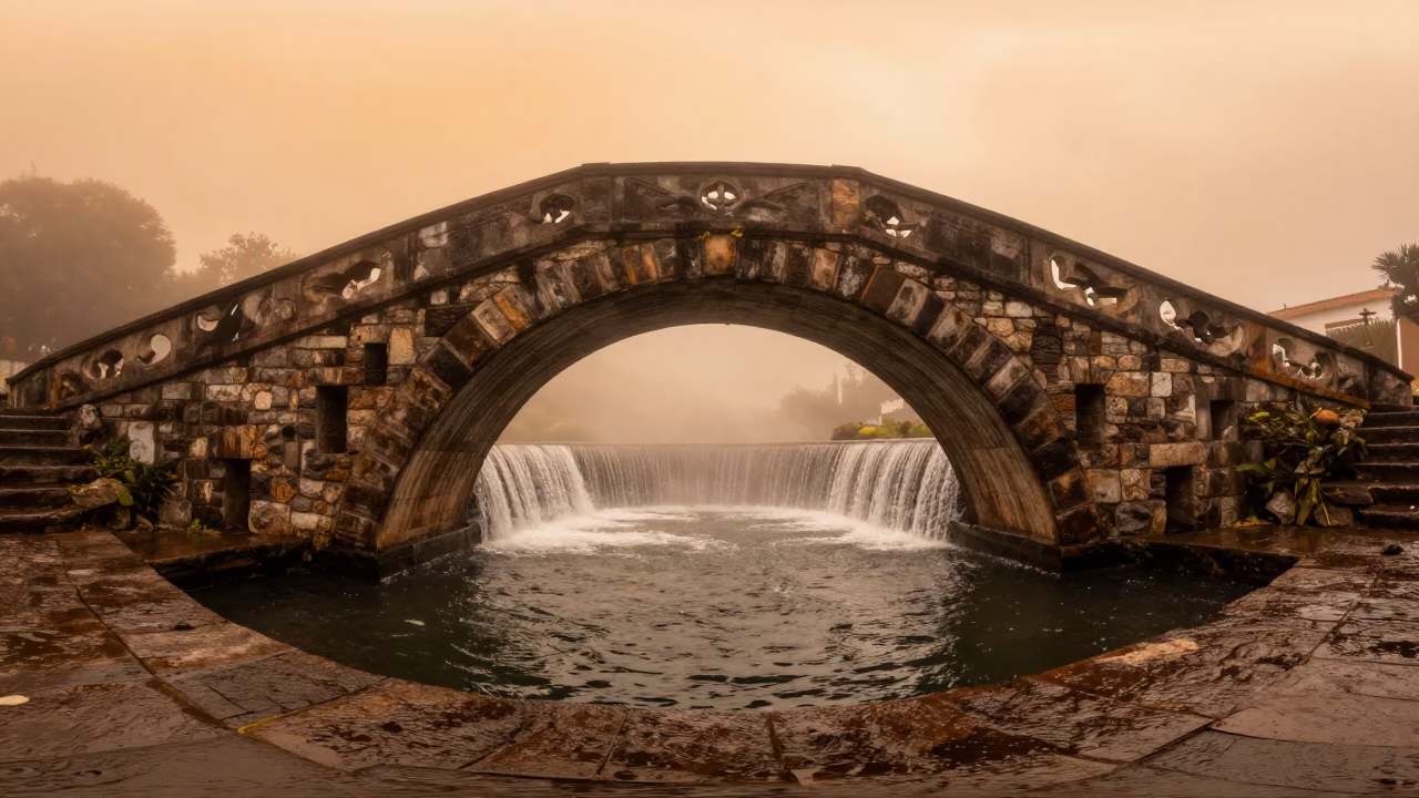 Stone Arch Bridge Over Waterfall Pool at Golden Hour in near Centro Historico, Quito