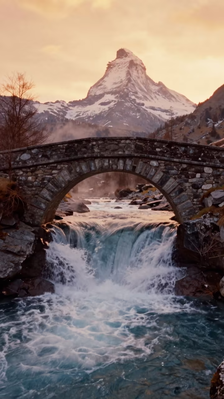Stone Arch Bridge Over Waterfall at Sunset in near Zermatt