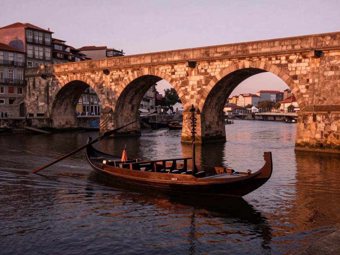 Stone Arches in Porto at Copper-toned Light Before Dusk in in Porto, Portugal