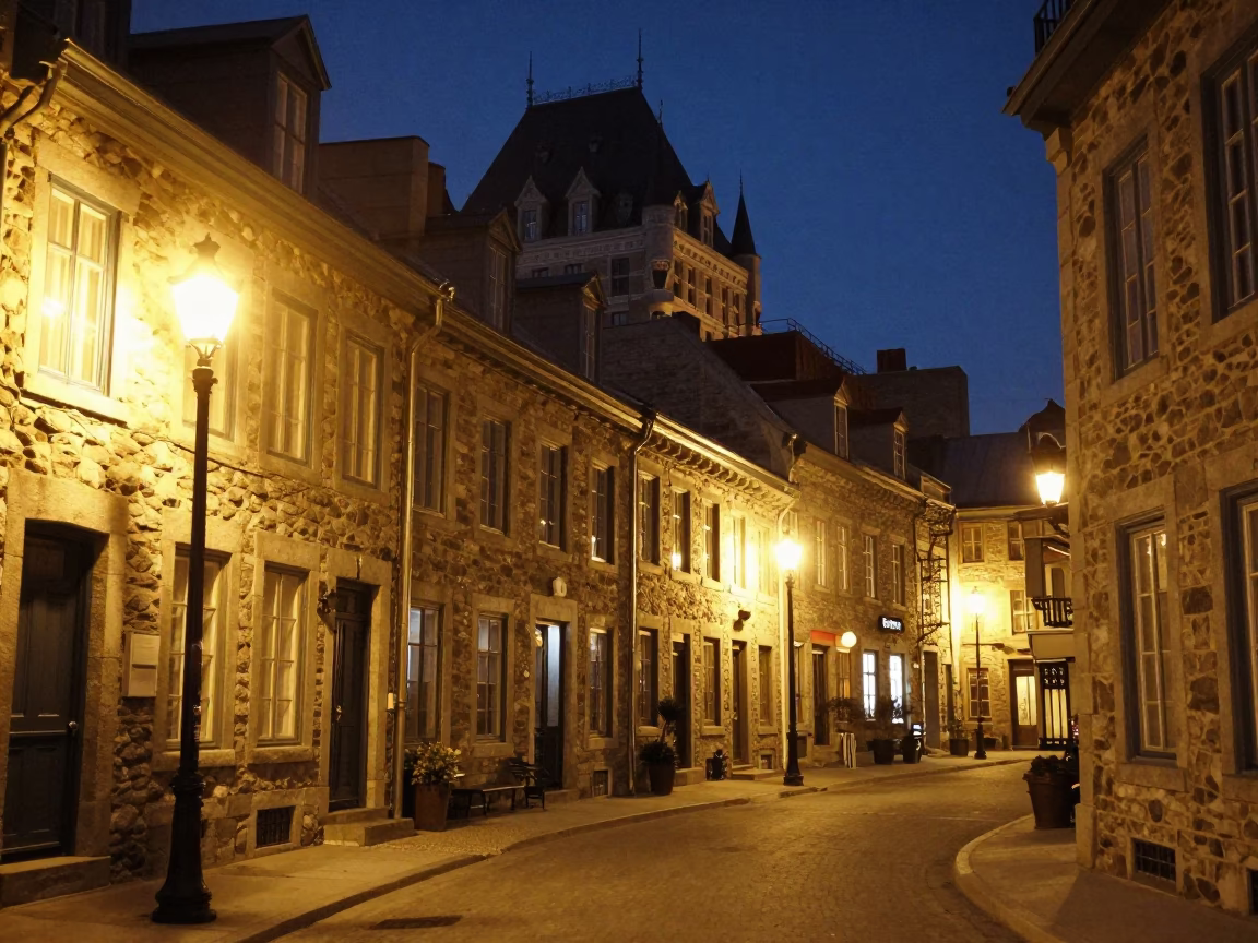 Stone Architecture in Quebec City at Late At Night Light in in Quebec City, Quebec, Canada