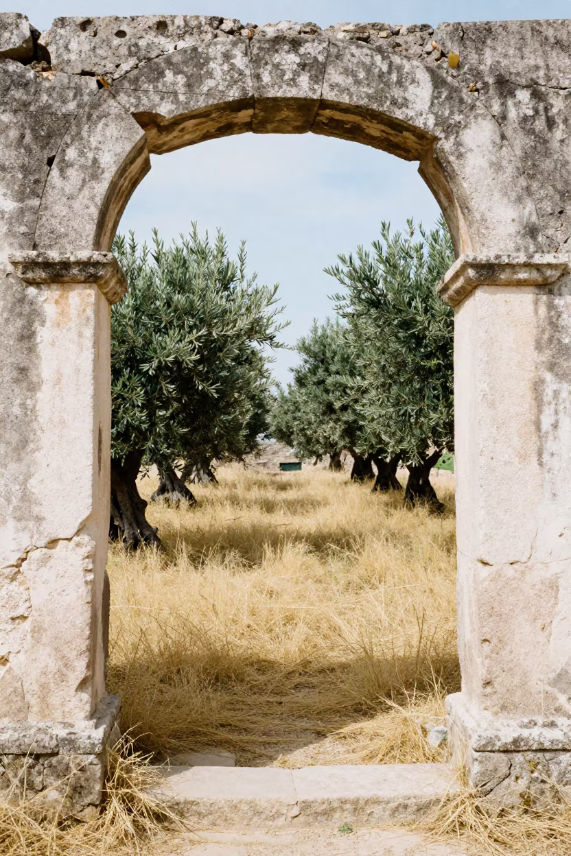 Stone Archway Over Olive Grove Storm Light in through a courtyard reclaimed by grasses near Mission, San Francisco