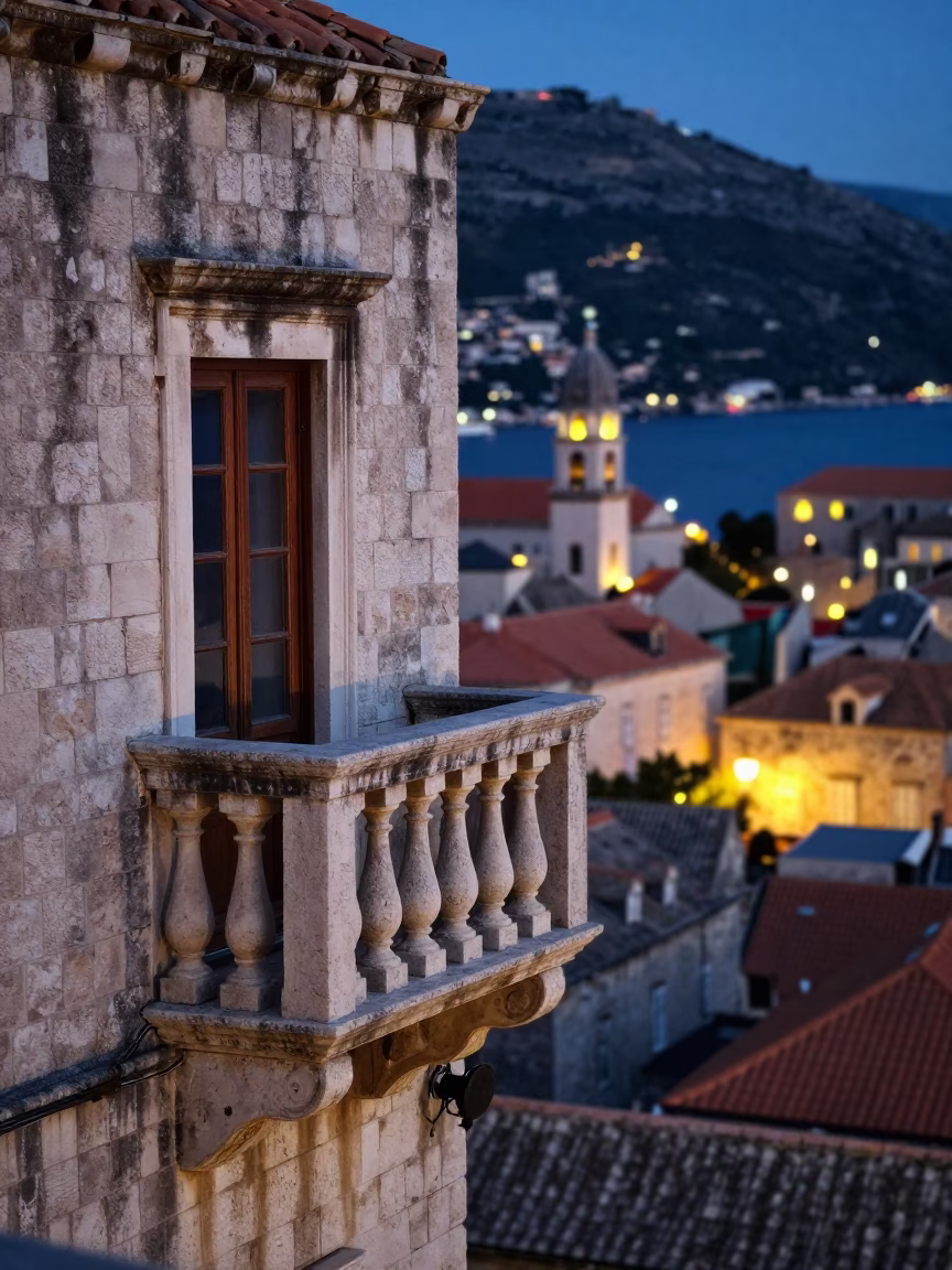 Stone Balcony in Dubrovnik at As City Lights Begin To Glow in in Dubrovnik, Croatia