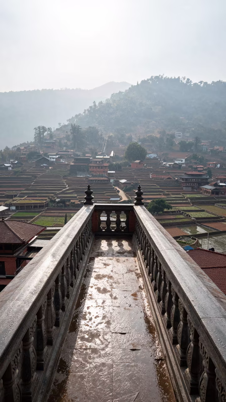 Stone Balcony Overlooking Kathmandu Valley in Winter in near Kathmandu
