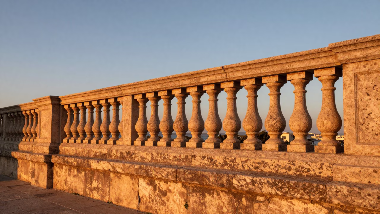 Stone Balustrades in Valencia at Copper-toned Light Before Dusk in in Valencia, Spain