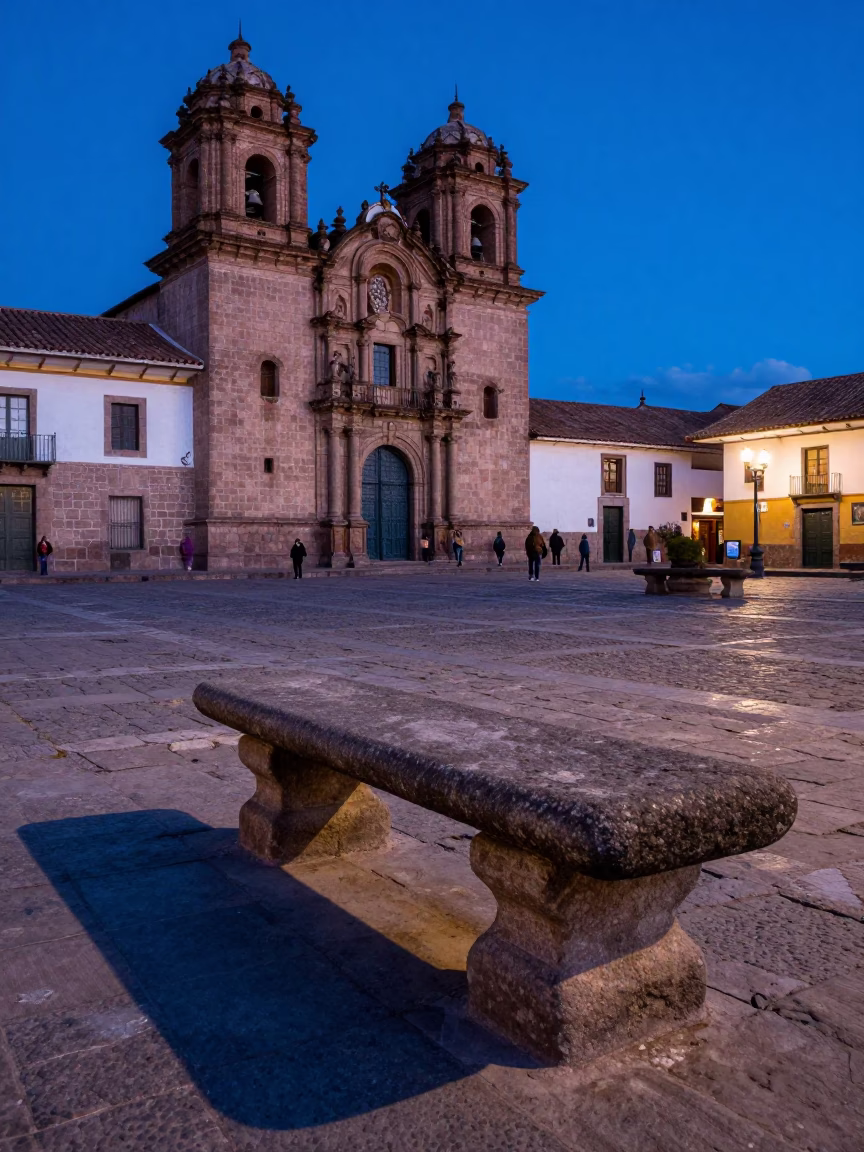 Stone Bench in Cusco at The Last Blue Light Of Evening in in Cusco, Peru
