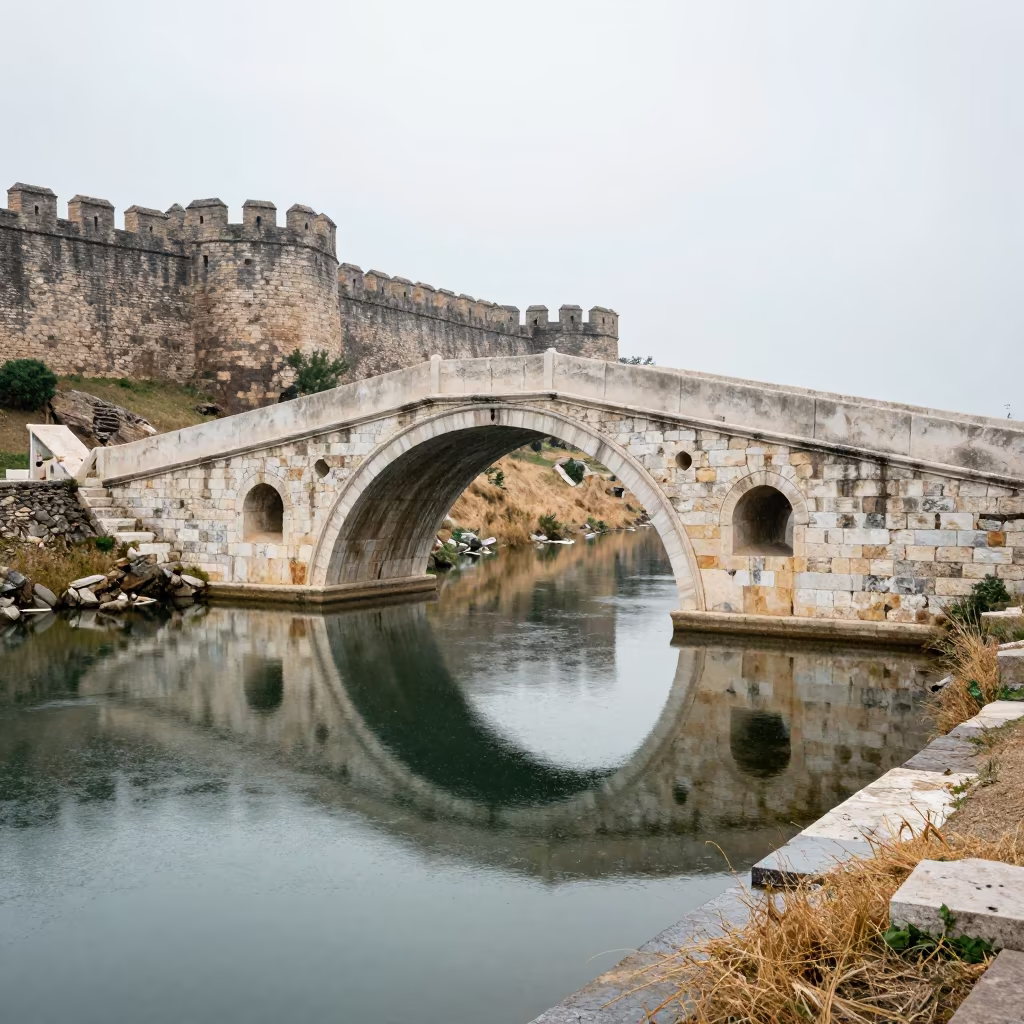 Stone Bridge Reflection in Early Summer Drizzle in outside a wind-scoured fortress wall near Balıkesir