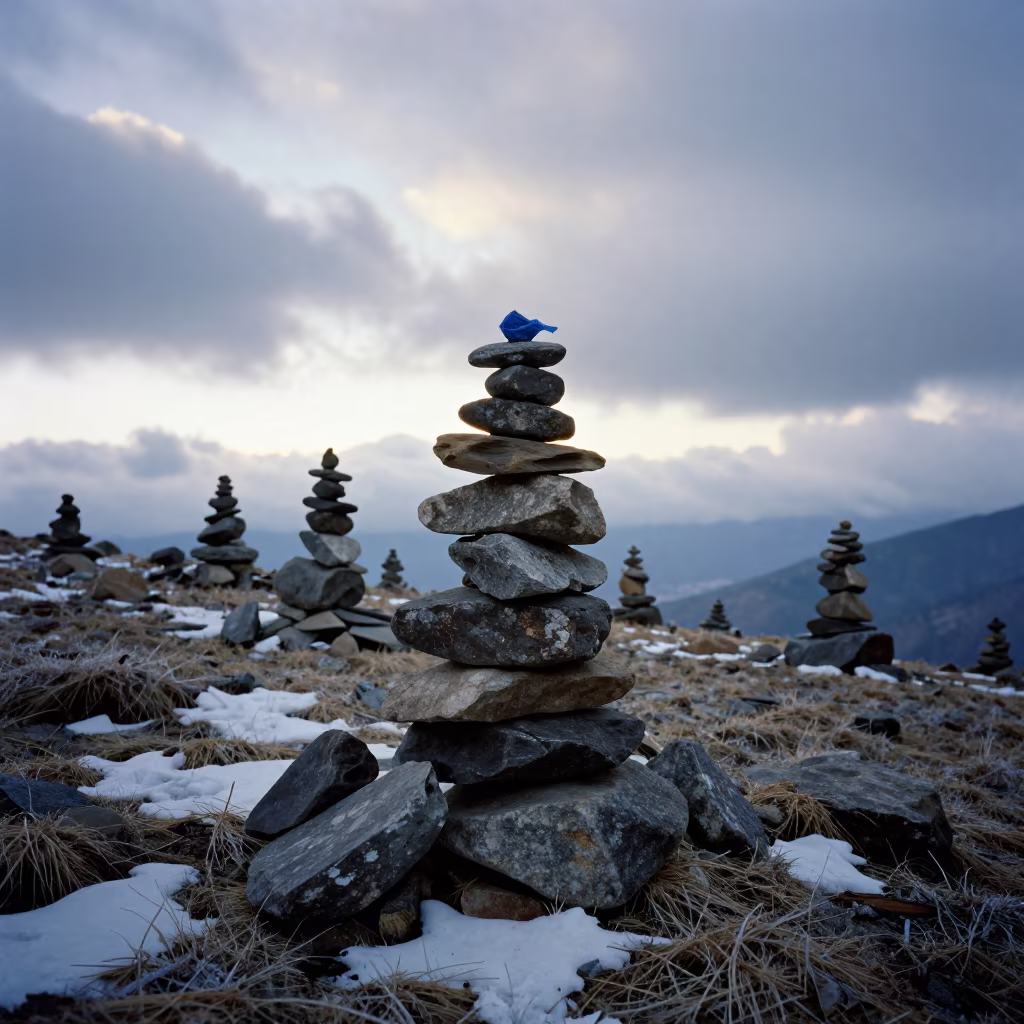 Stone Cairn At Nautical Dawn Near Thimphu in beside a summit cairn above the tree line near Thimphu