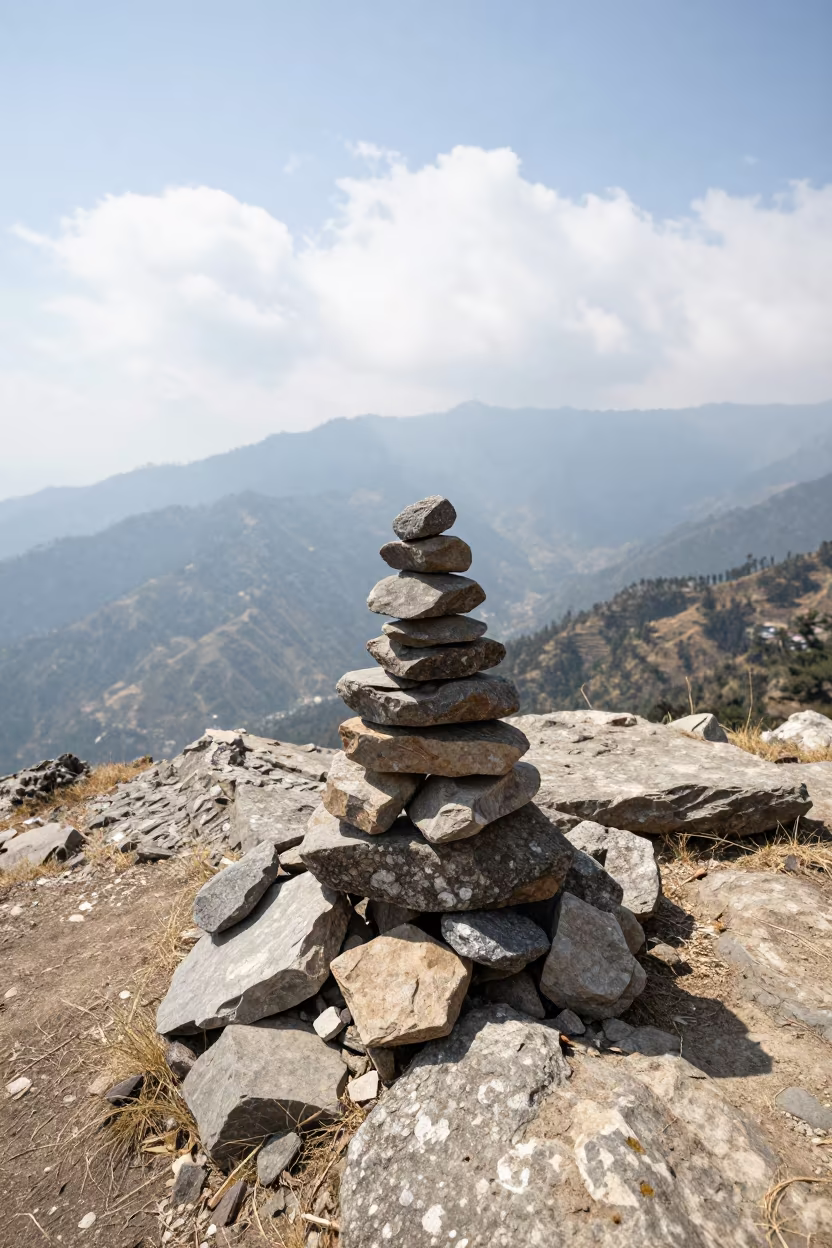 Stone Cairn on Rocky Saddle Near Shimla in at a rocky saddle overlooking a mountain valley near Shimla