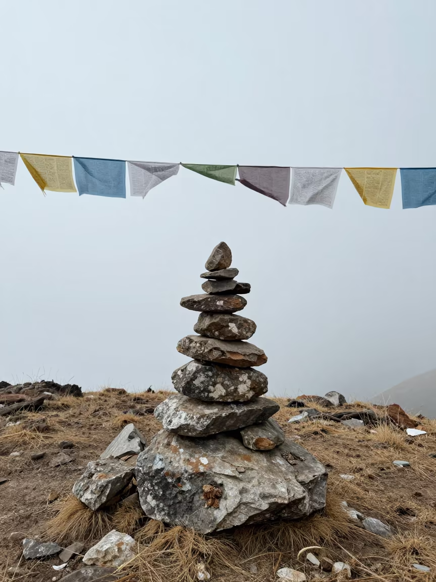 Stone Cairn on Wind-Cut Ridge Below Thimphu in on a wind-cut ridge below prayer flag lines near Thimphu
