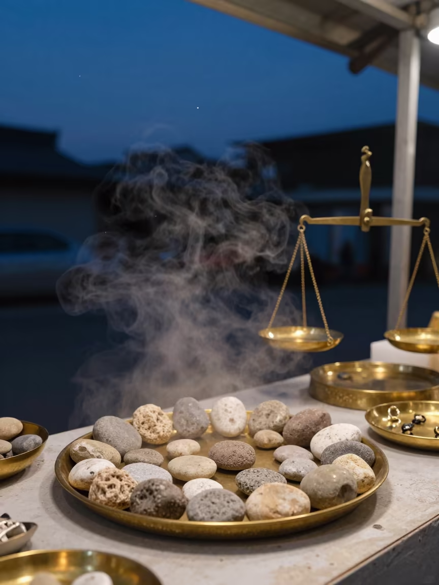 Stone Campfire Ring Under Stars in Market Stall in inside a jeweler's stall with brass scales and trays in Quezon City
