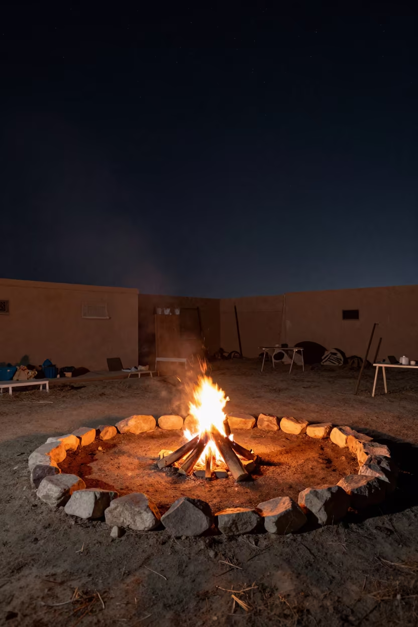 Stone Campfire Ring Under Winter Stars in inside a goldsmith workshop behind the market lane in Ajman