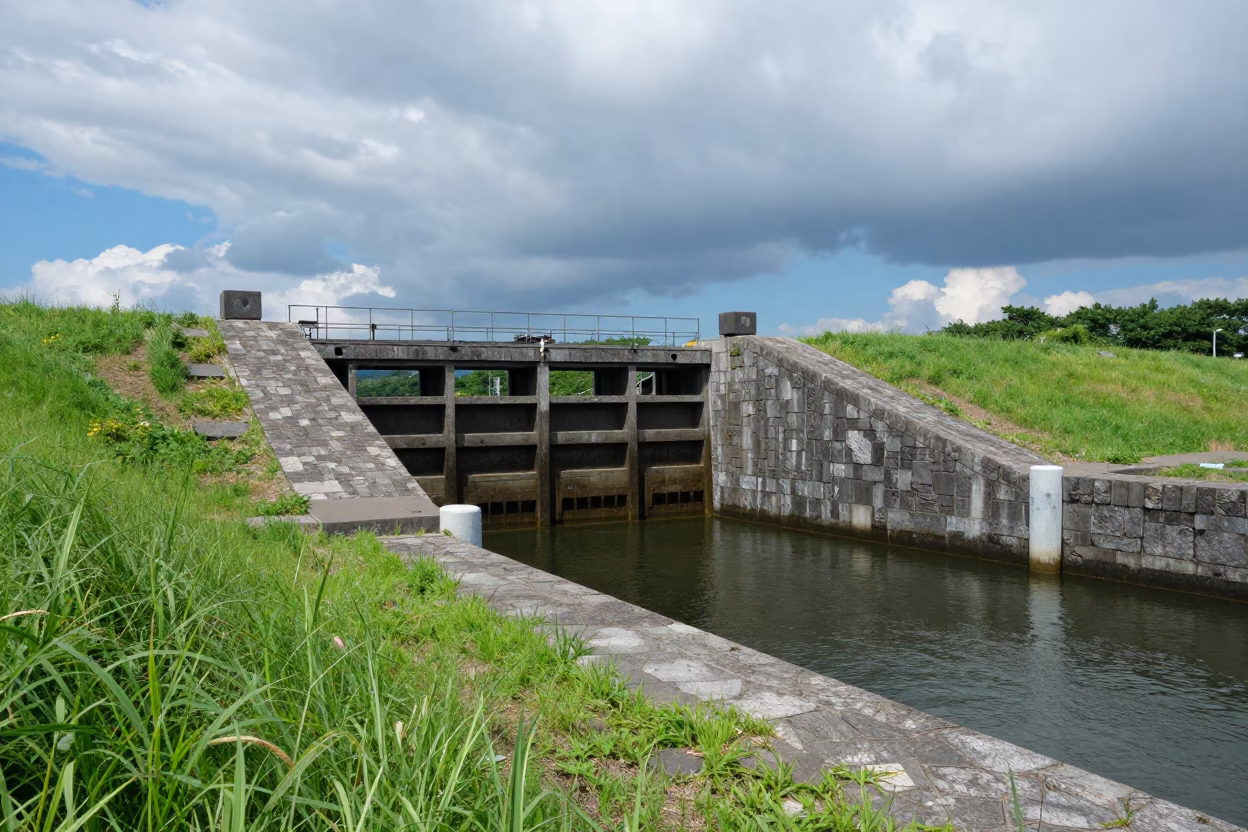 Stone Canal Lock Pond Along Hokkaido Levee in along a levee path above floodwater in Hokkaido