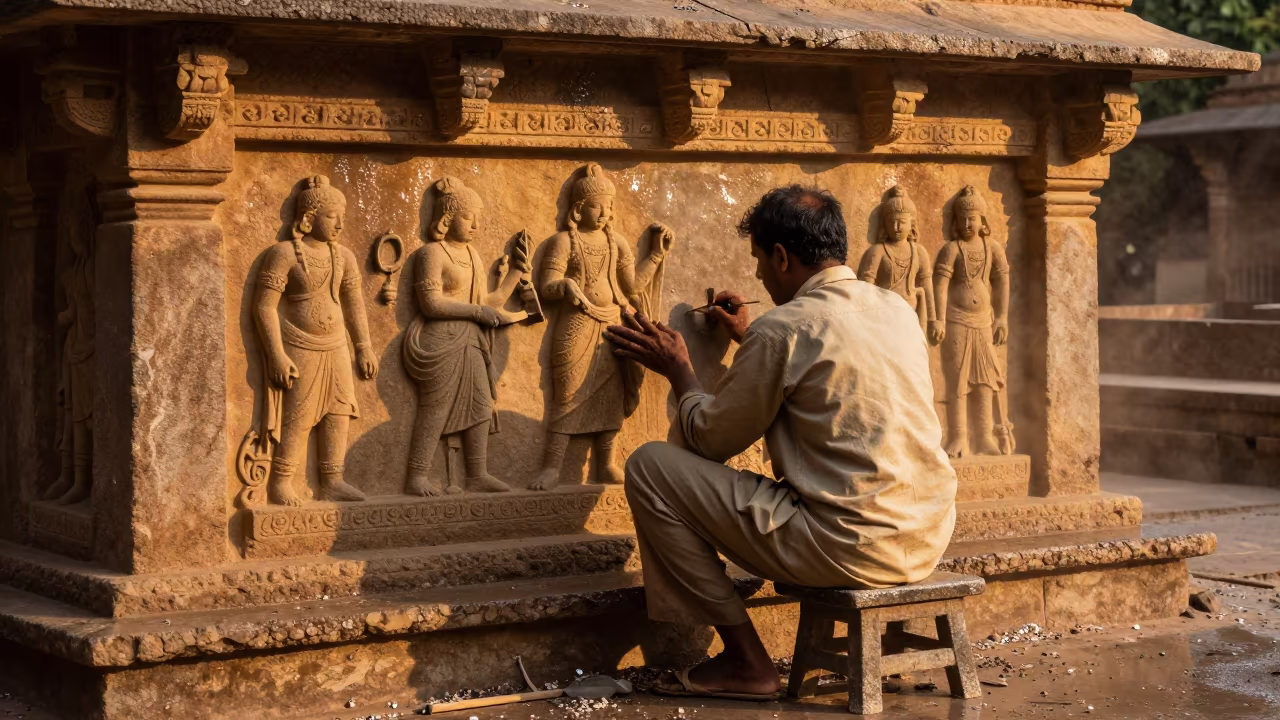 Stone Carver Chiseling Temple Relief Ahmedabad in in Ahmedabad