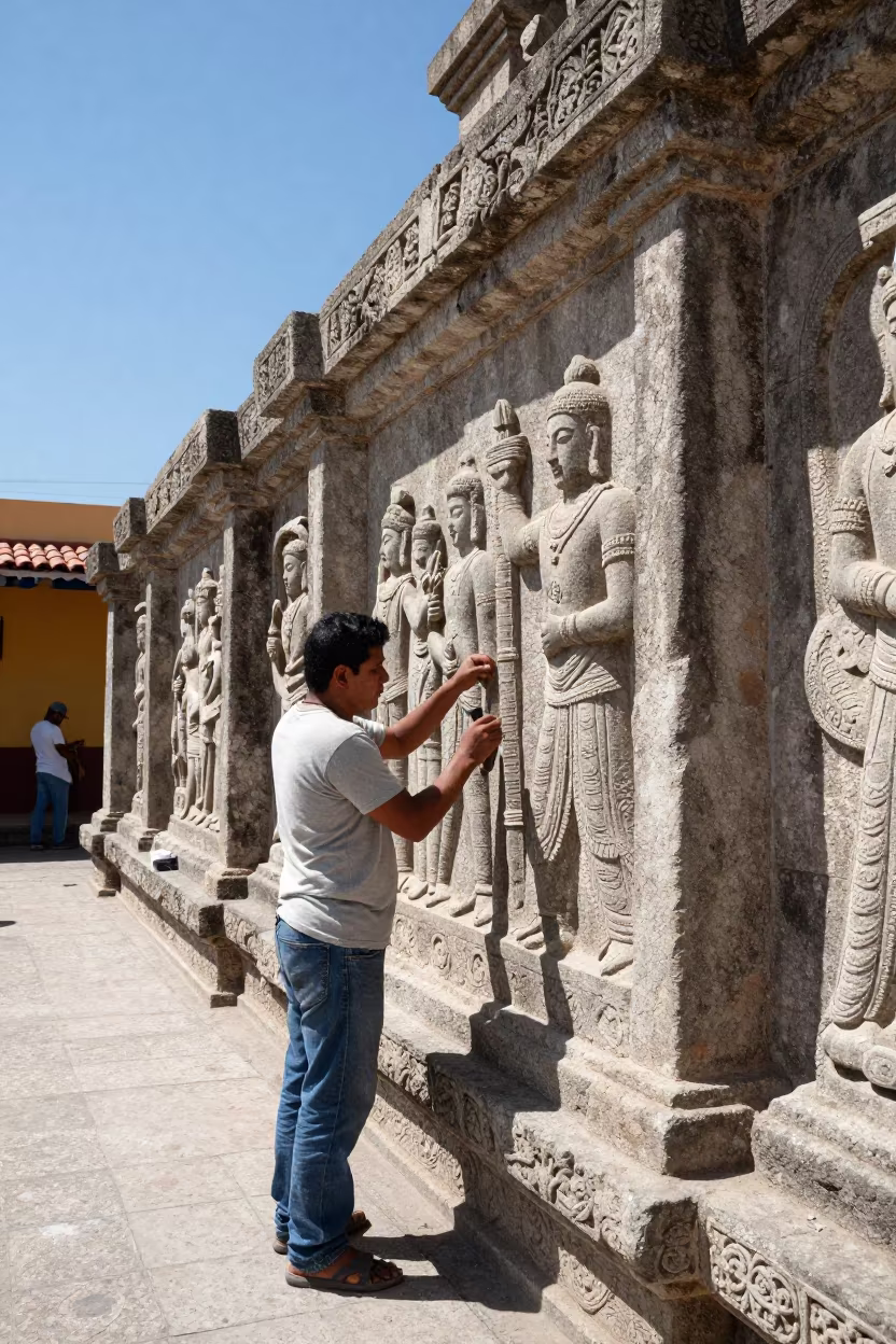 Stone Carver Chiseling Temple Relief Under Noon Sun in in Cúcuta