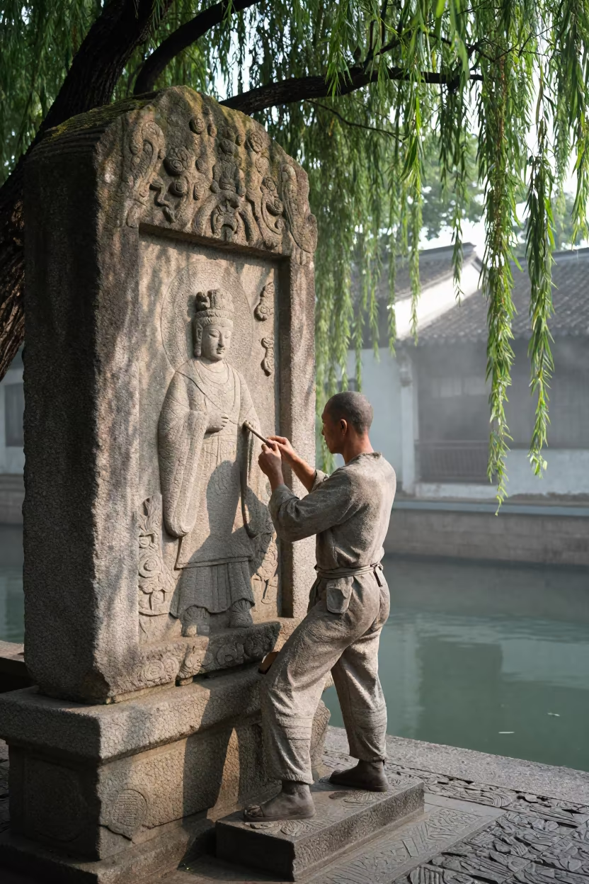 Stone Carver Chisels Suzhou Temple Relief in beside a canal in Suzhou