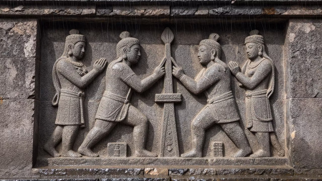 Stone Carver Chisels Temple Relief in Puno Rain in in Puno