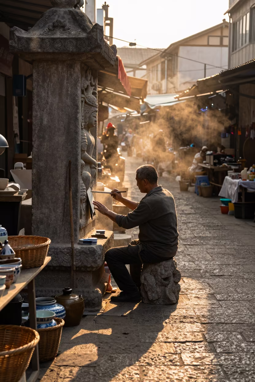 Stone Carver Chisels Temple Relief at Shanghai Market Sunset in along a market lane in Shanghai