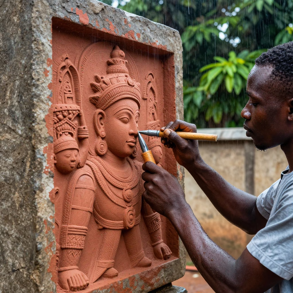 Stone Carver Chiseling Lagos Temple Relief in in Lagos