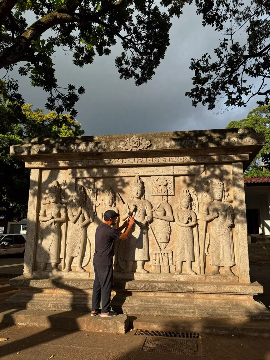 Stone Carver Working Temple Relief in Curitiba in in Curitiba