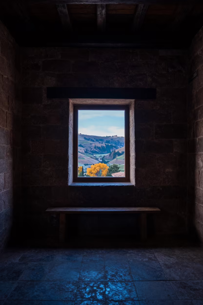 Stone Chapel Window at Dawn in Cusco Valley in inside a stone chapel in San Pedro Market, Cusco
