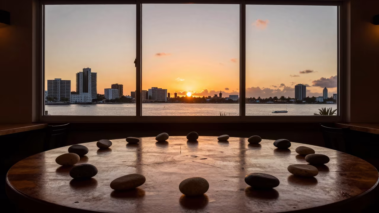Stone Circle on Cafe Table at Belize Sunset in on a cafe table by a window near Belize City