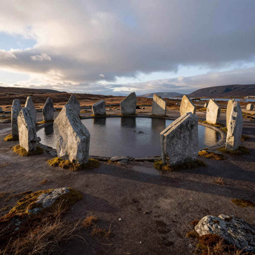 Stone Circle at Dawn in Norway in at the edge of a sacred pool in Norway