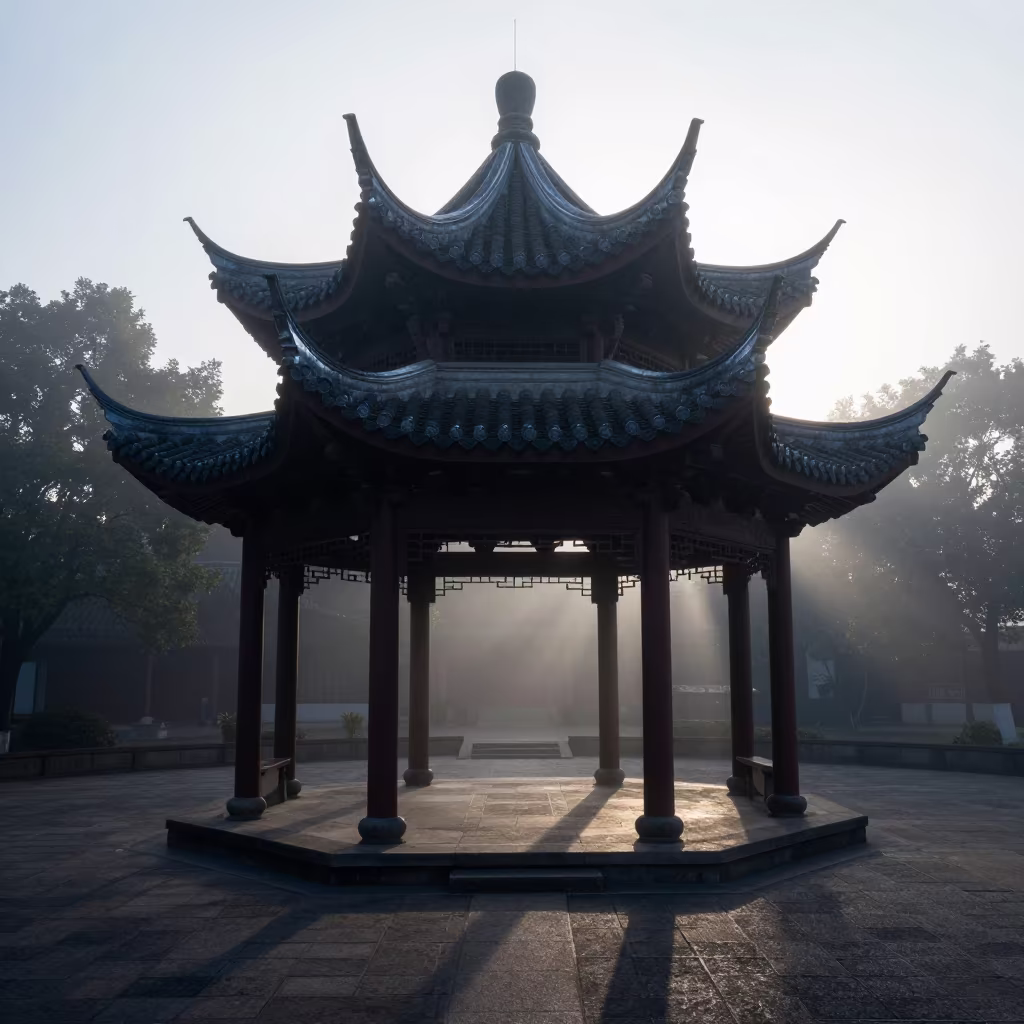 Stone Circle at Dawn Beneath Pagoda Roof in beneath a pagoda roof in Guangdong