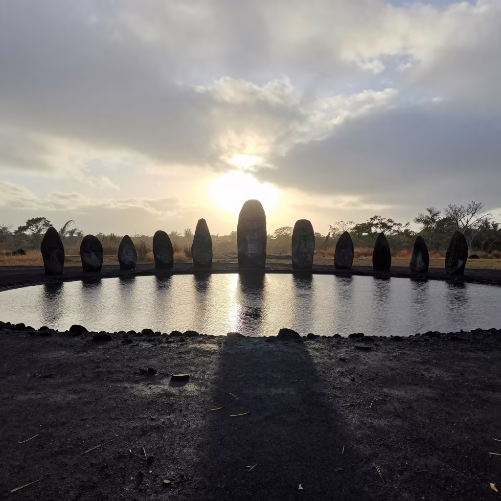 Stone Circle Shadows at Fiji Dawn in at the edge of a sacred pool in Fiji