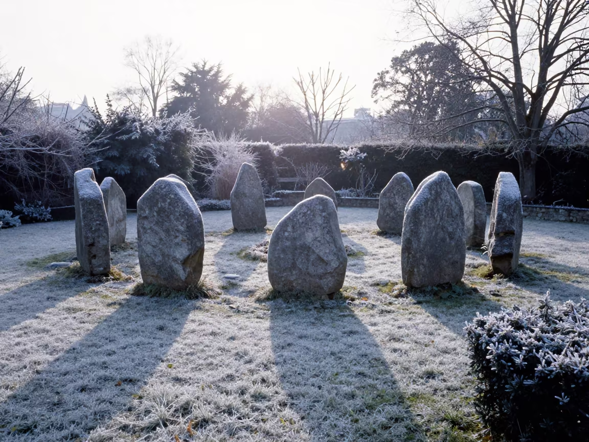 Stone Circle Winter Shadows Equinox Dawn in in a cloister garden in Wisconsin