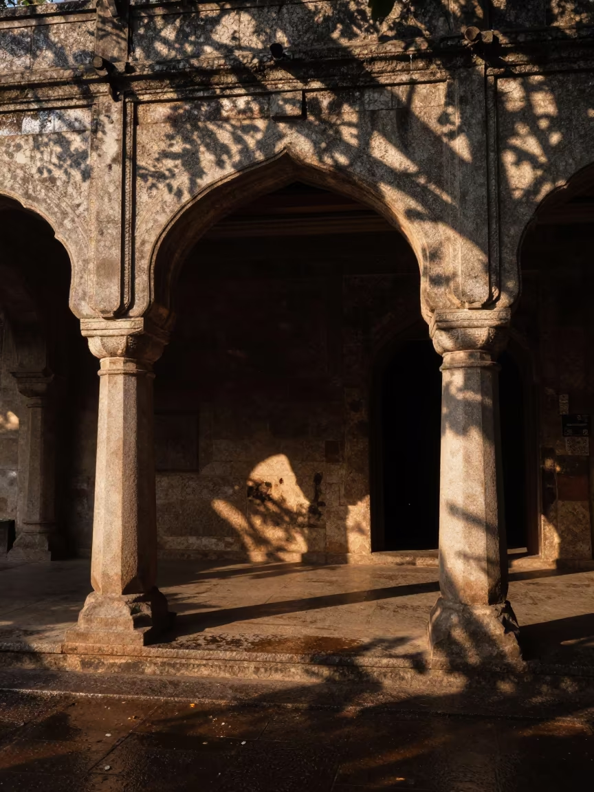 Stone Colonnade in Dawn Light in inside a vaulted atrium in Jalgaon
