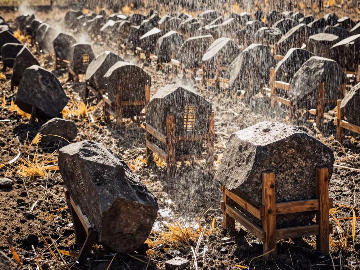 Stone Cornfield Tassels Armenia Storm in along freshly irrigated rows in Armenia