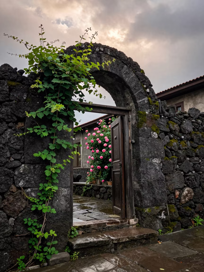 Stone Cottage Doorway Climbing Roses Atrium in inside a vaulted atrium in Ortahisar
