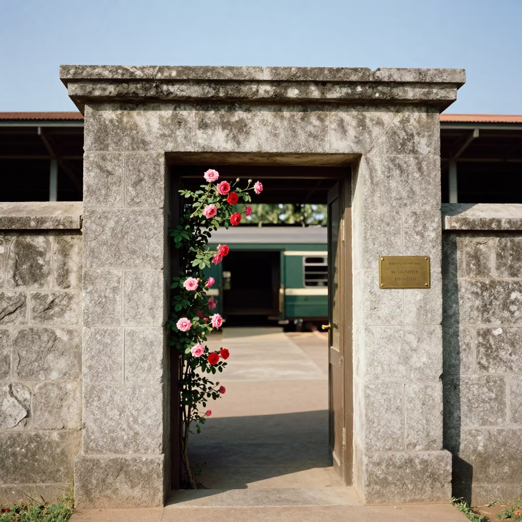 Stone Cottage Doorway Climbing Roses Terminal in inside a restored train terminal in Bafoussam