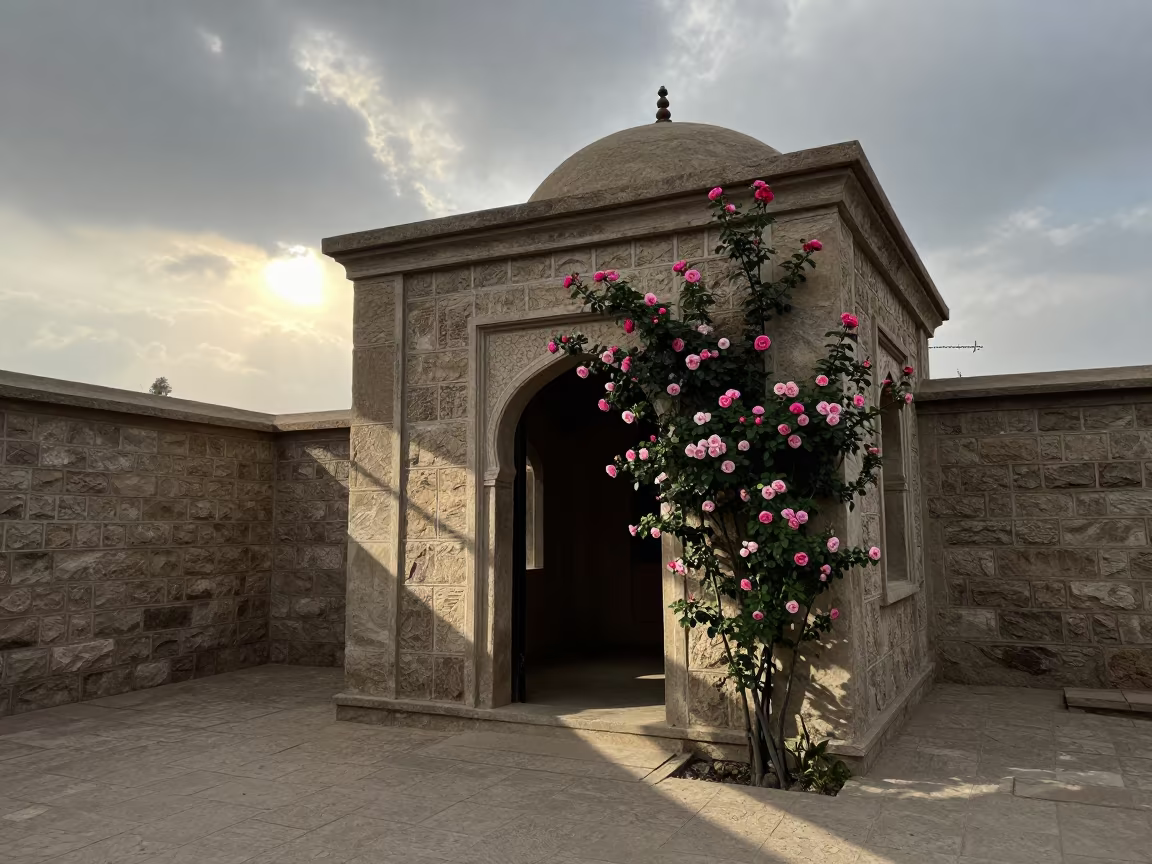Stone Cottage Doorway with Climbing Roses in Karachi Atrium in inside a vaulted atrium in Karachi